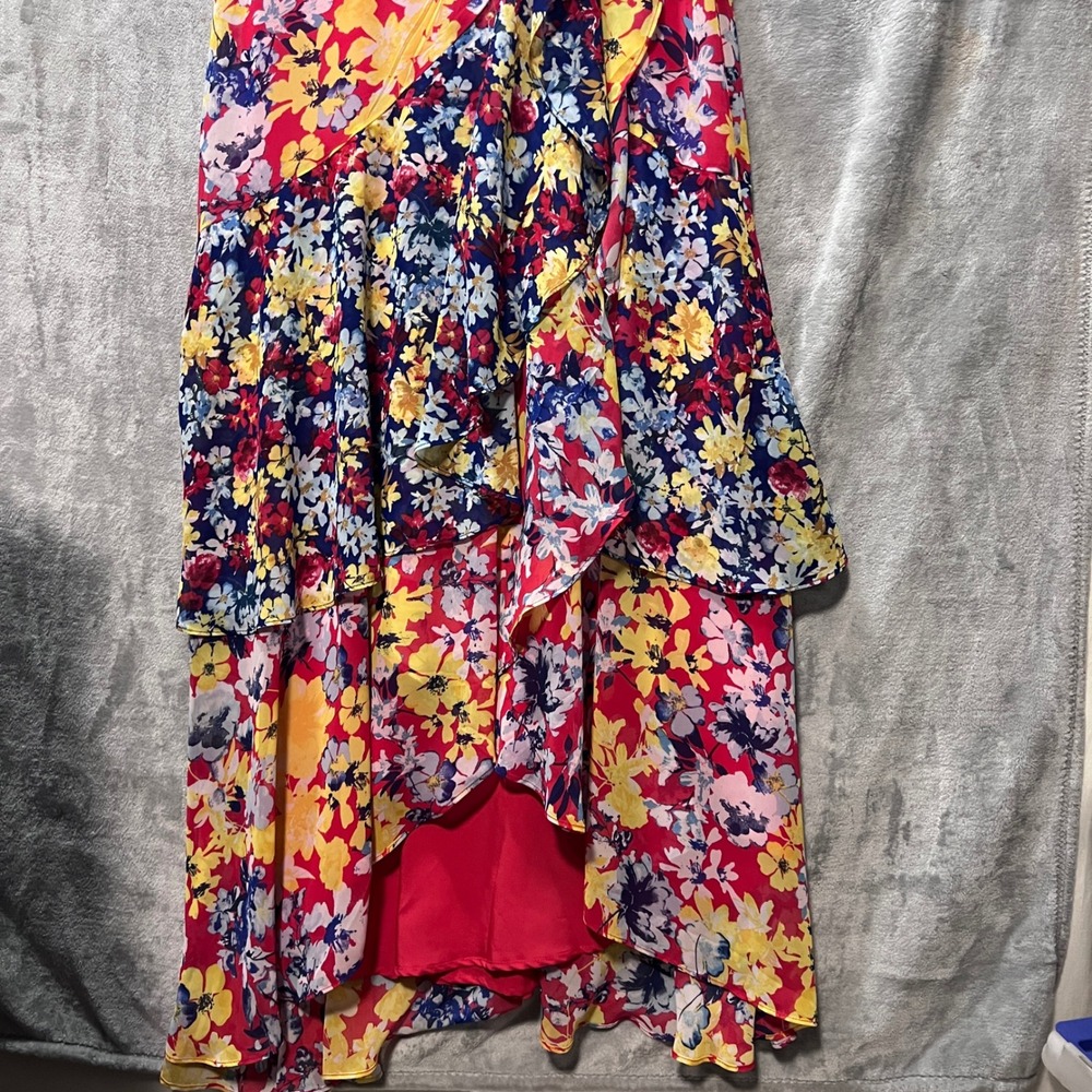 Lulus Maxi Dress Floral High-LowRuby Red Ruffle Cold Shoulder Medum - Picture 2 of 16
